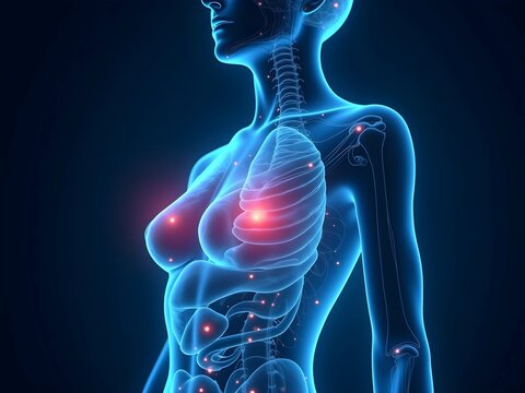 3D visualization of female breast anatomy with glowing blue translucent effect, detailed mammary structure with illuminated particles, medical examination or breast cancer awareness concept
