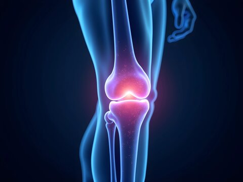 Glowing 3D knee joint illustration. Medical concept on a dark blue background