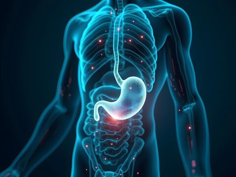 3D medical illustration highlighting human stomach with glowing blue effect within translucent body outline, detailed gastric anatomy, dark background with luminous particles
