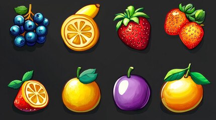 Fruit icon for casino ui game interface cartoon element set. Food button for match 3 mobile gamble app vector 2d collection. banana, strawberry, plum, lemon, orange, blueberry and pear item symbol