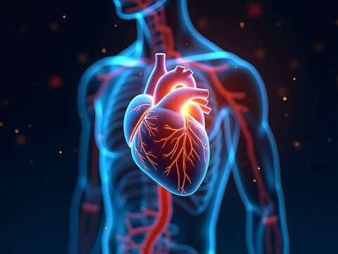 A futuristic, high-contrast image of the human body's internal organs, illuminated in vibrant blues and oranges, with a 3D holographic effect, for advanced medical technology, medical concept