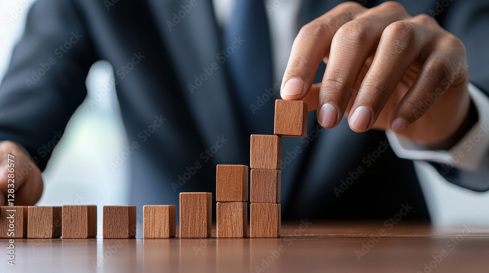 Poster a man is stacking wooden blocks on top of each other