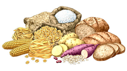 Collection of hand-drawn staple foods: rice, wheat, corn, potatoes, beans, pasta, bread, oats, cassava, sweet potatoes​​​​​​​​​​​​​​​​. Watercolor, PNG 