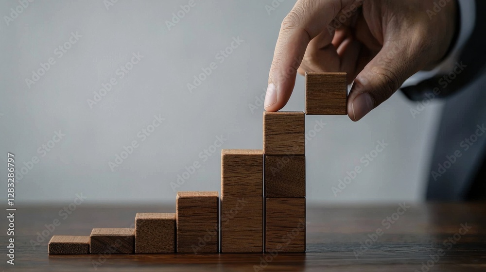 Poster a person is stacking wooden blocks on top of each other, creating a staircase