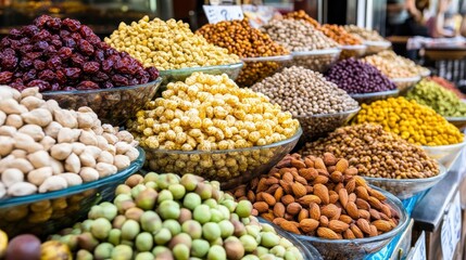 Vibrant Display of Colorful Nuts and Dried Fruits at Market Stall
