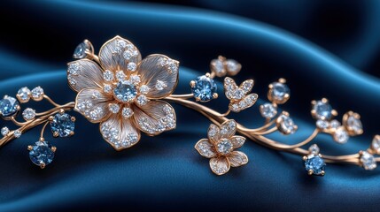 Naklejka premium Luxury gold flower brooch on blue satin