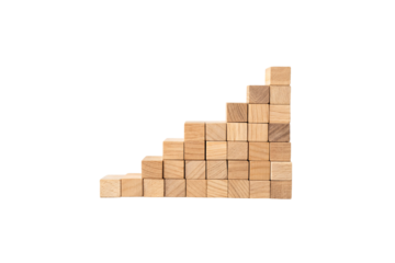 A complex wooden staircase with smaller steps. The blocks are stacked tightly, creating a denser appearance, isolated on a transparent background
