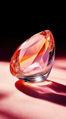   A photo of a pink diamond closely displayed on a pink background, catching light from its side