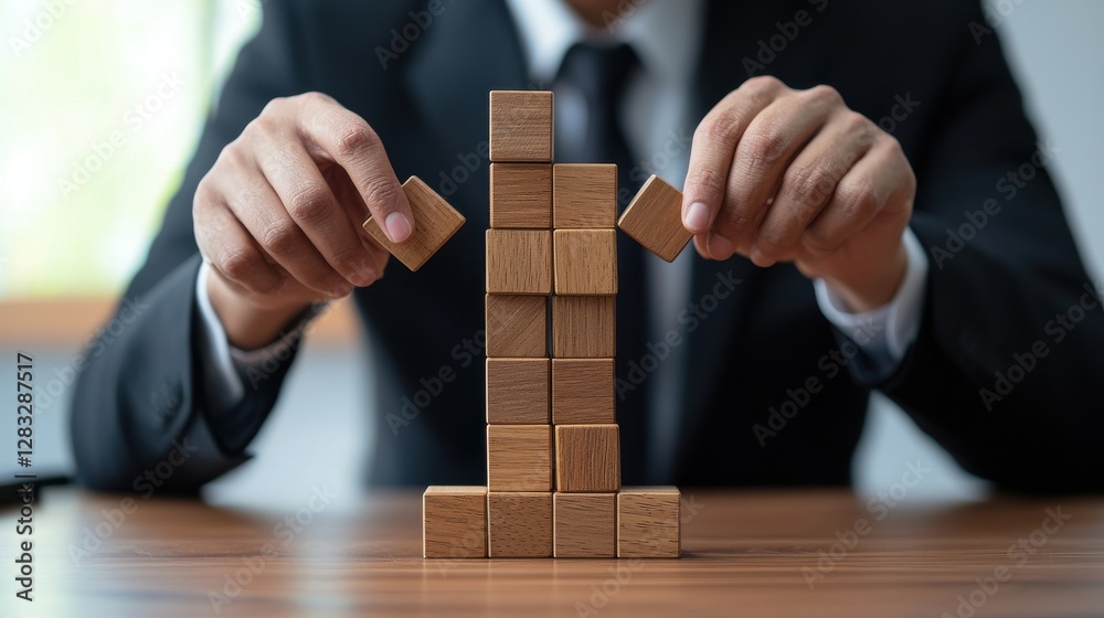 Poster a man in a suit is building a tower out of wooden blocks