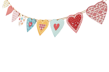 A decorative garland of patchwork hearts hangs on a string. Each heart, uniquely patterned, blends floral, polka dots, and stitched textures, isolated on a transparent background