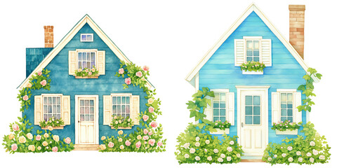 Fototapeta premium Two charming, blue houses adorned with vibrant flowers and greenery, each featuring distinct architectural elements.
