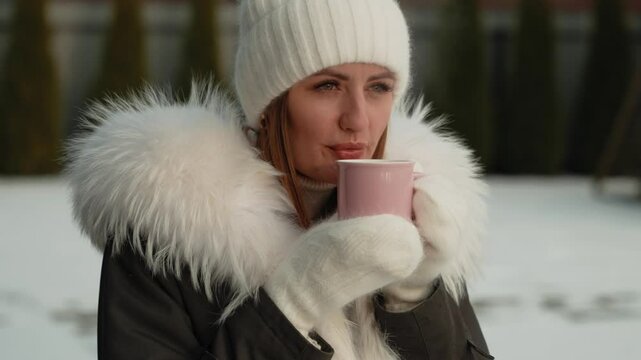 Snow covers the ground as a woman wearing a white woolen hat, white mittens, and a fur-trimmed parka enjoys a steaming mug of a hot beverage outside on a cold winter day