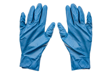 Blue disposable gloves laid out on a surface
