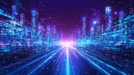 A cityscape with a blue sky and a blue city