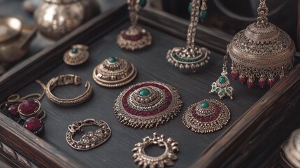 Obraz premium Exquisite Traditional Jewelry Displayed on Decorative Wooden Tray