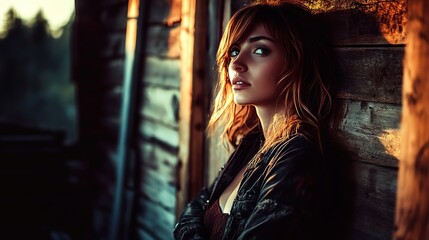 Naklejka premium A beautiful woman with brown hair and leering eyes as she leans against a wooden wall