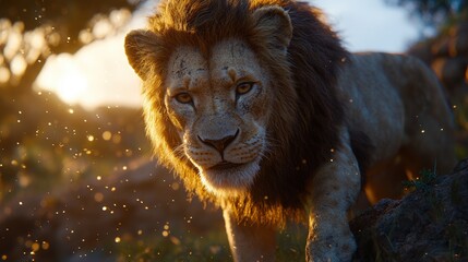 Naklejka premium Majestic Lion Approaching the Camera in a Stunning Golden Light