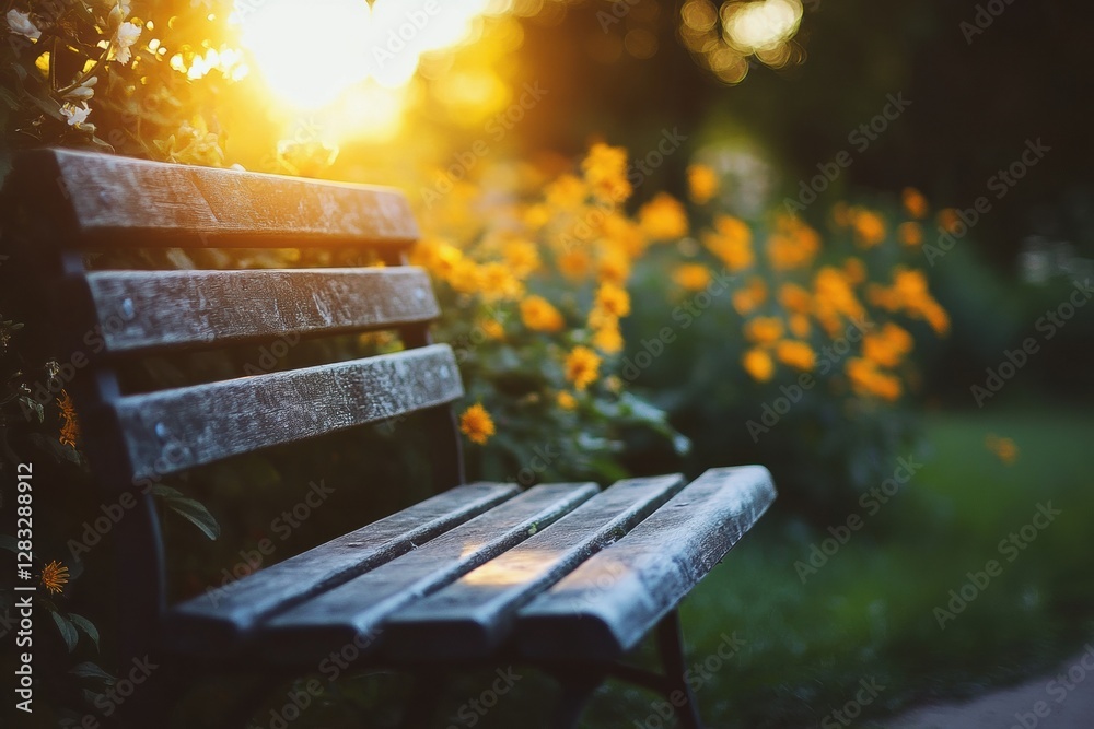 Poster relaxing bench surrounded by vibrant flowers at sunset in a serene garden setting. generative ai