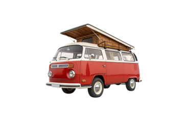 A red and white vintage camper van with a wooden pop-up roof. Chrome details, round headlights, and retro styling bring classic 70s road-trip vibes to life, isolated on a transparent background
