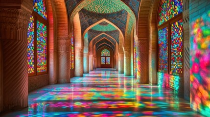 Obraz premium Colorful Reflections in Historic Hallway with Stained Glass Windows