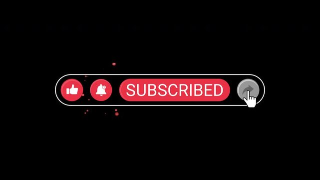 Animation of YouTube subscribe, like, bell, and share buttons isolated on a black background with an alpha channel.