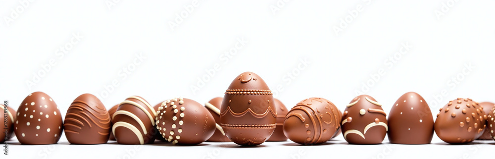 Poster White Background Isolates Bottom Border Row Of Easter Chocolate Egg In A Standalone Image Perfect For A Web Banner Or Graphic. 00001