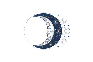 An ornate crescent moon with a detailed feminine face, surrounded by celestial elements like stars and smaller moons, isolated on a transparent background