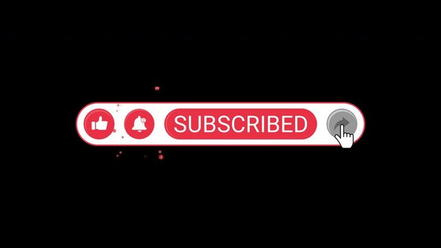 Animation of YouTube subscribe, like, bell, and share buttons.  Isolated on a black background with an alpha channel.