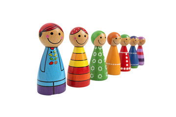 Obraz premium Hand-painted wooden dolls with smiling faces, dressed in vibrant colors and patterns, arranged in a line showcasing cultural diversity and artistic charm, isolated on a transparent background