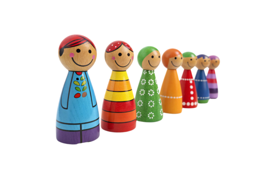 Hand-painted wooden dolls with smiling faces, dressed in vibrant colors and patterns, arranged in a line showcasing cultural diversity and artistic charm, isolated on a transparent background