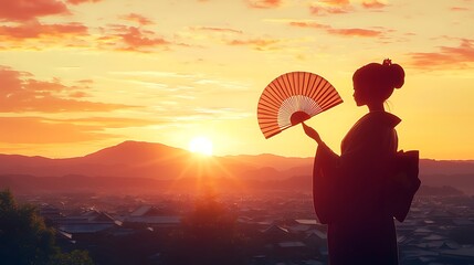 Silhouetted Woman in Kimono with Fan at Sunset Over Japanese Village