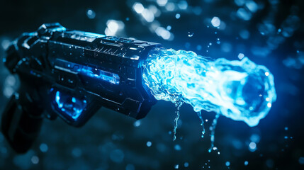 Magic game space gun with laser beam comic vector effect. Weapon lightning energy shot for alien. Power ray attack blaster with water and plasma shoot set. Isolated futuristic scifi pistol collection