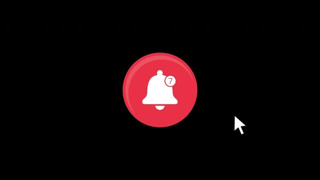 Animation of a YouTube bell button with an arrow click effect. Isolated on a black background with an alpha channel.