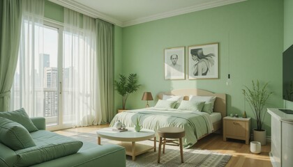 A bedroom with a green wall and a white bed