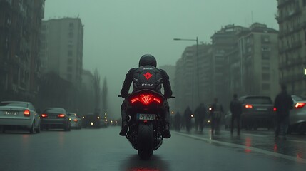 Lone Motorcyclist Riding Through a Rainy City Street
