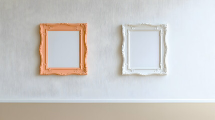 Two empty ornate frames on textured wall, interior design mockup