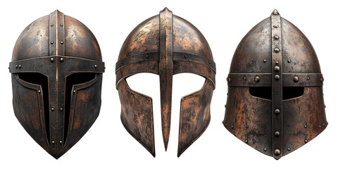 A set of ancient warrior helmet isolated on a transparent background. Aged bronze medieval battle helmet with a faceplate, historical armor for knights and soldiers.