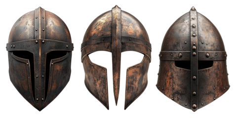 A set of ancient warrior helmet isolated on a transparent background. Aged bronze medieval battle helmet with a faceplate, historical armor for knights and soldiers.