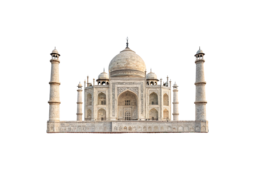 The majestic Taj Mahal, detailed carvings and grand arches in view, standing timelessly as a testament to Mughal artistry, isolated on a transparent background