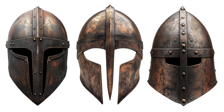 A set of ancient warrior helmet isolated on a transparent background. Aged bronze medieval battle helmet with a faceplate, historical armor for knights and soldiers.
