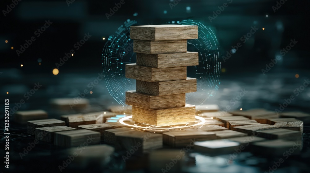 Aufkleber A stack of wooden blocks is on a table with a glowing circle around it