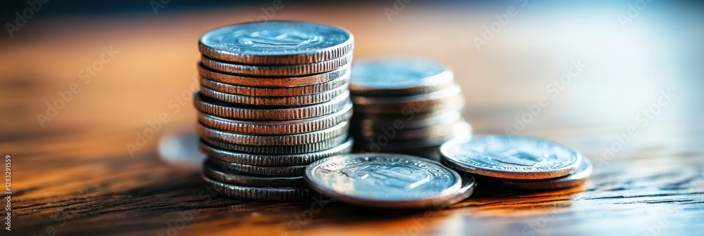 Aufkleber stacked coins arranged neatly on a wooden surface with natural light illuminating the details and te