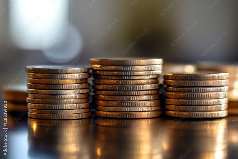 Leinwandbilder stacked coins reflecting light on a shiny surface, showcasing savings and finance in a minimalist se