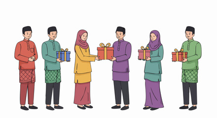 Fototapeta premium Malaysian group exchanging colorful Eid gifts in traditional attire, smiling, celebrating joyfully.