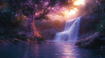 Naklejka premium Magical Waterfall Sunrise Forest
