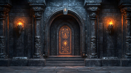 a large stone building with a doorway and a clock