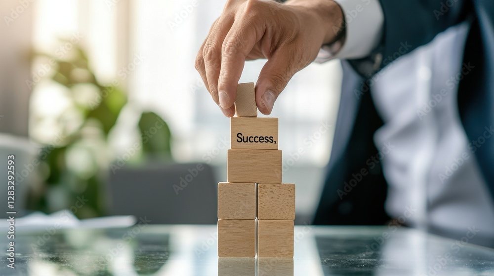 Aufkleber a man is stacking wooden blocks on top of each other with the word success writt