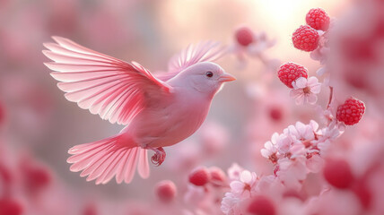 Obraz premium A pink bird is flying over a pink flower