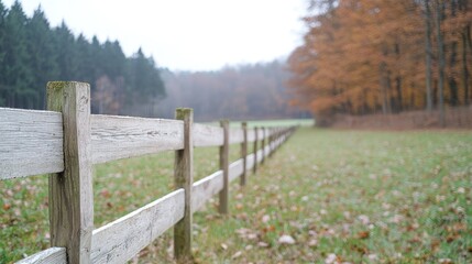 Fototapeta premium Wooden fence runs along a green grassy meadow next to an autumn forest under an overcast sky.