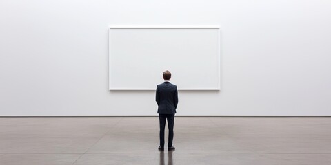 Obraz premium A man in a suit stands before a blank wall in a minimalist gallery, reflecting on the absence of art and the space's emptiness.